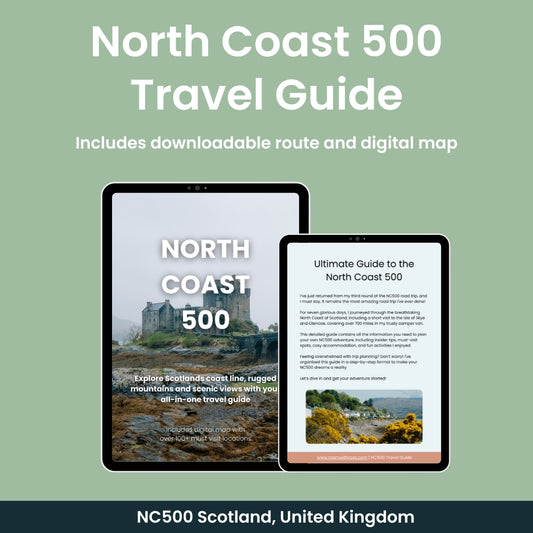 North Coast 500 travel guide with digital device mockups on a green background